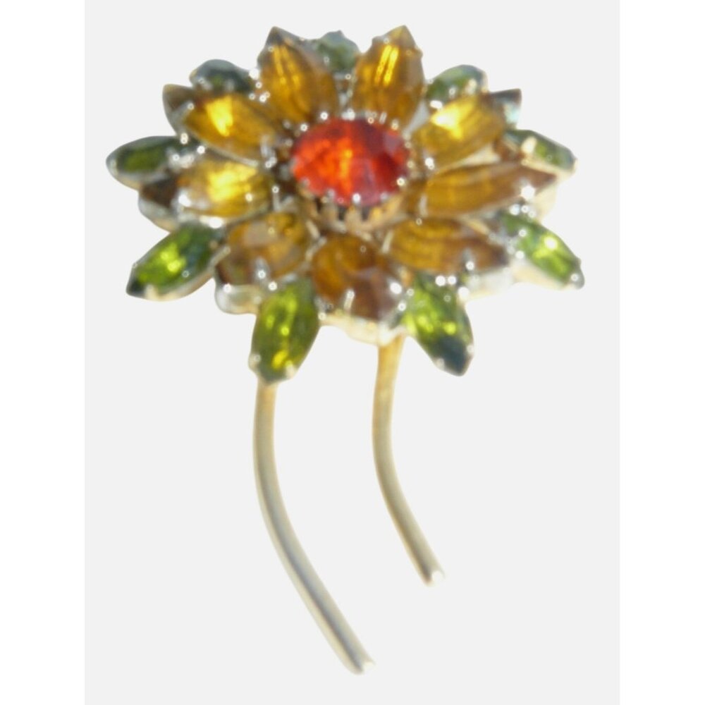 Vintage Multi-Color Rhinestone Floral Hair Comb & Brooch Pin Gold Metal 3" Rare